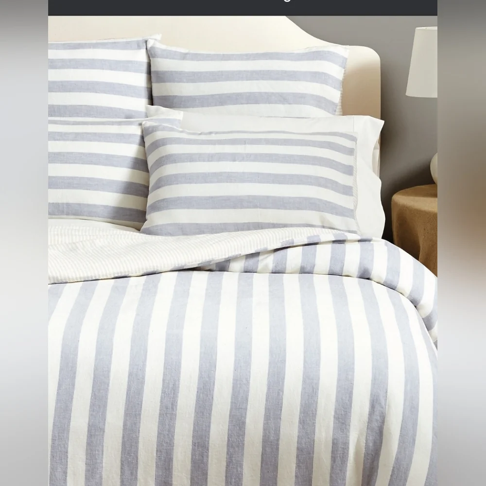 BALLARD DESIGNS King Duvet Riviera Linen Blue & Beige Stripe Duvet + Sham - Picture 2 of 6